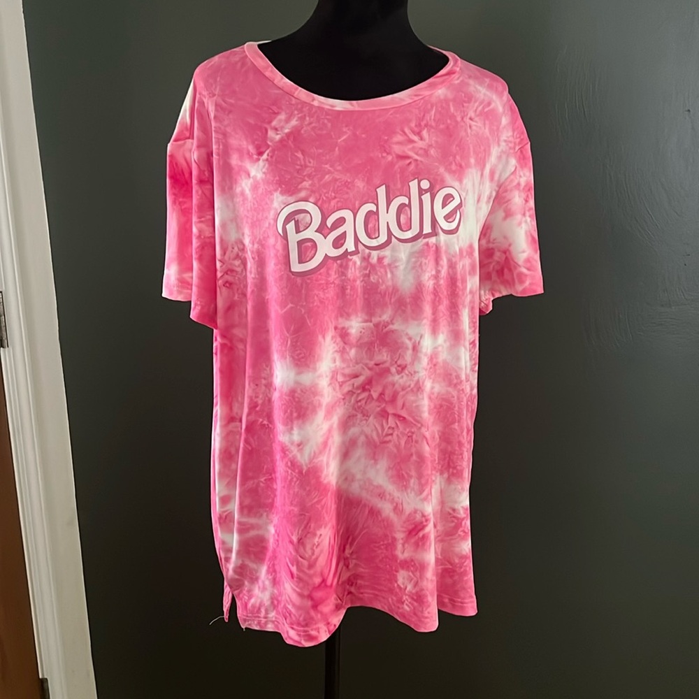 Pink tie-dye “BADDIE” shirt